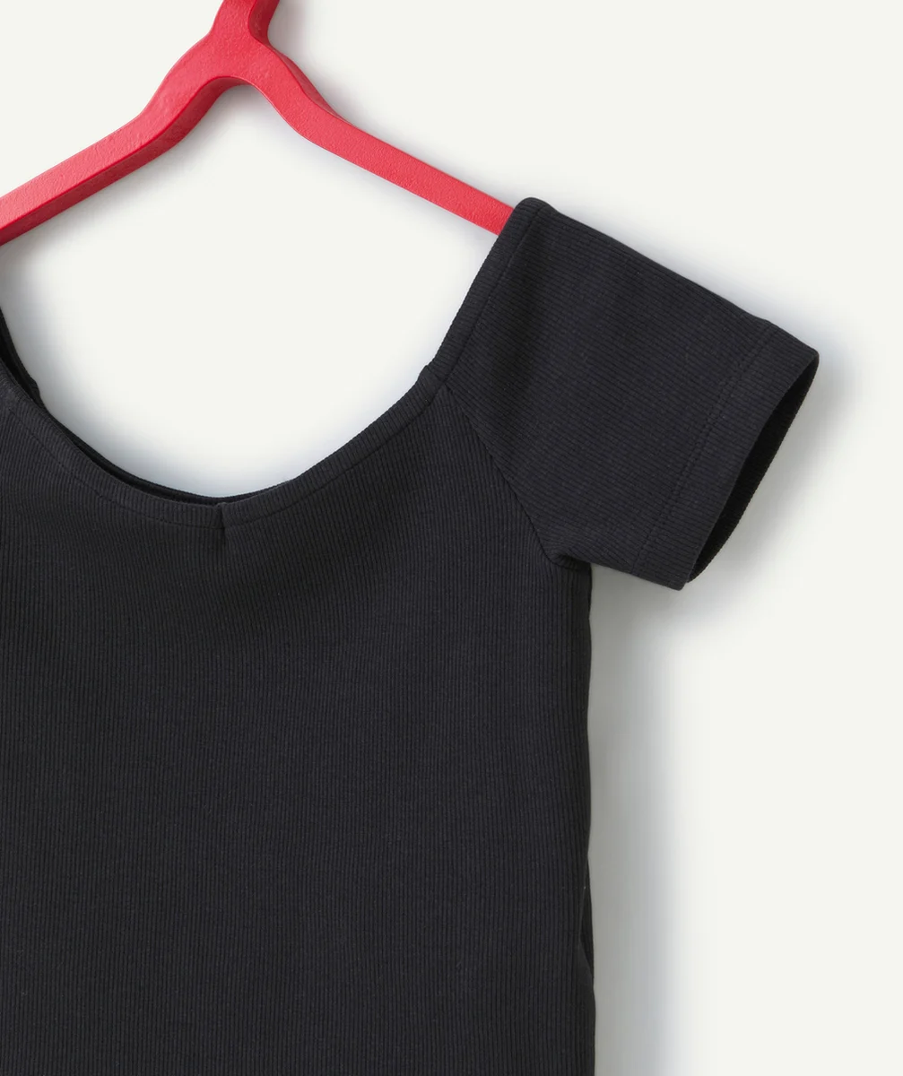t-shirt col bardot fille en coton bio côtelé noir