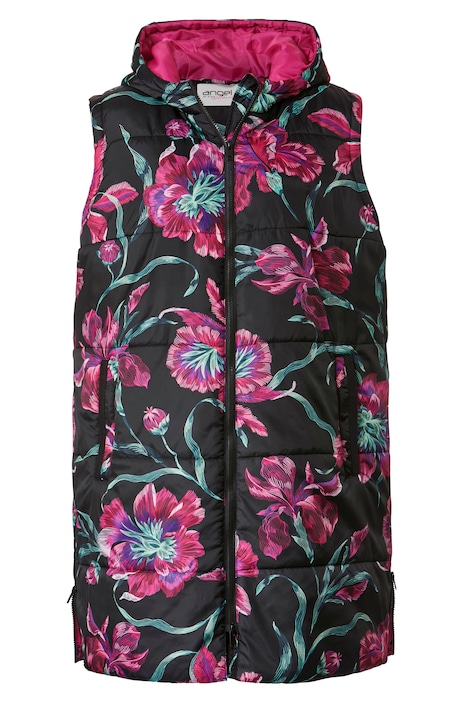 Long-Steppweste, Kapuze, Alloverdruck, Zipper