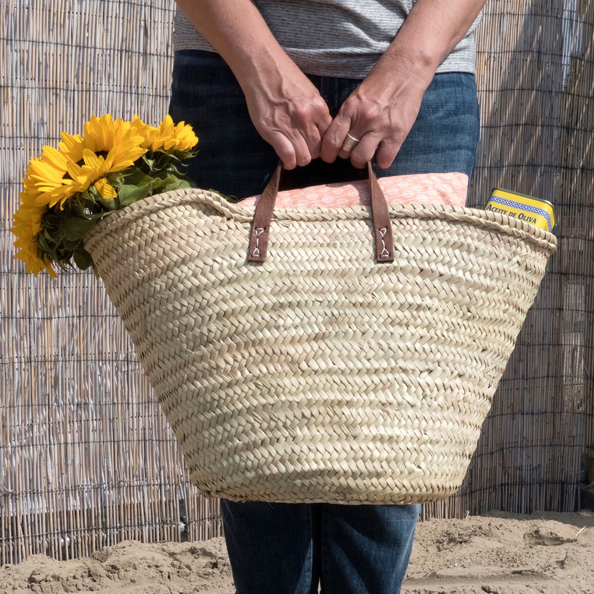 Boodschappentas, palmblad, kort lederen hengsel