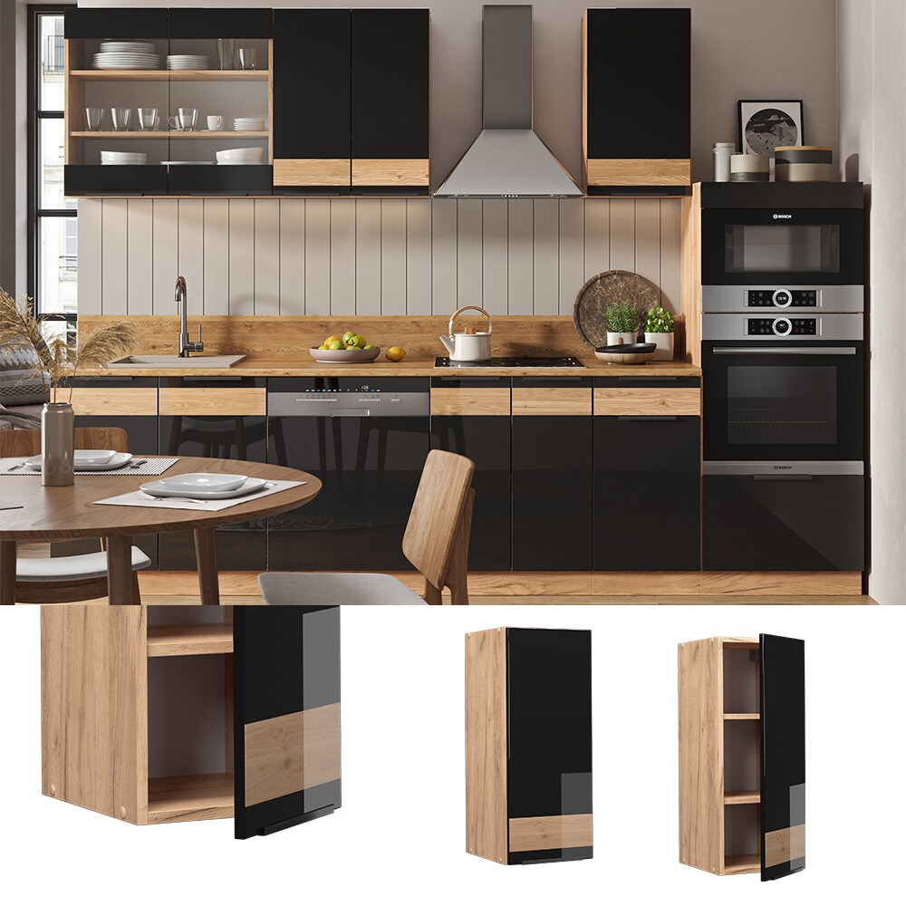 Vicco Hängeschrank Küchenschrank Küchenmöbel Fame-Line Eiche Schwarz 30 cm modern Hochglanz