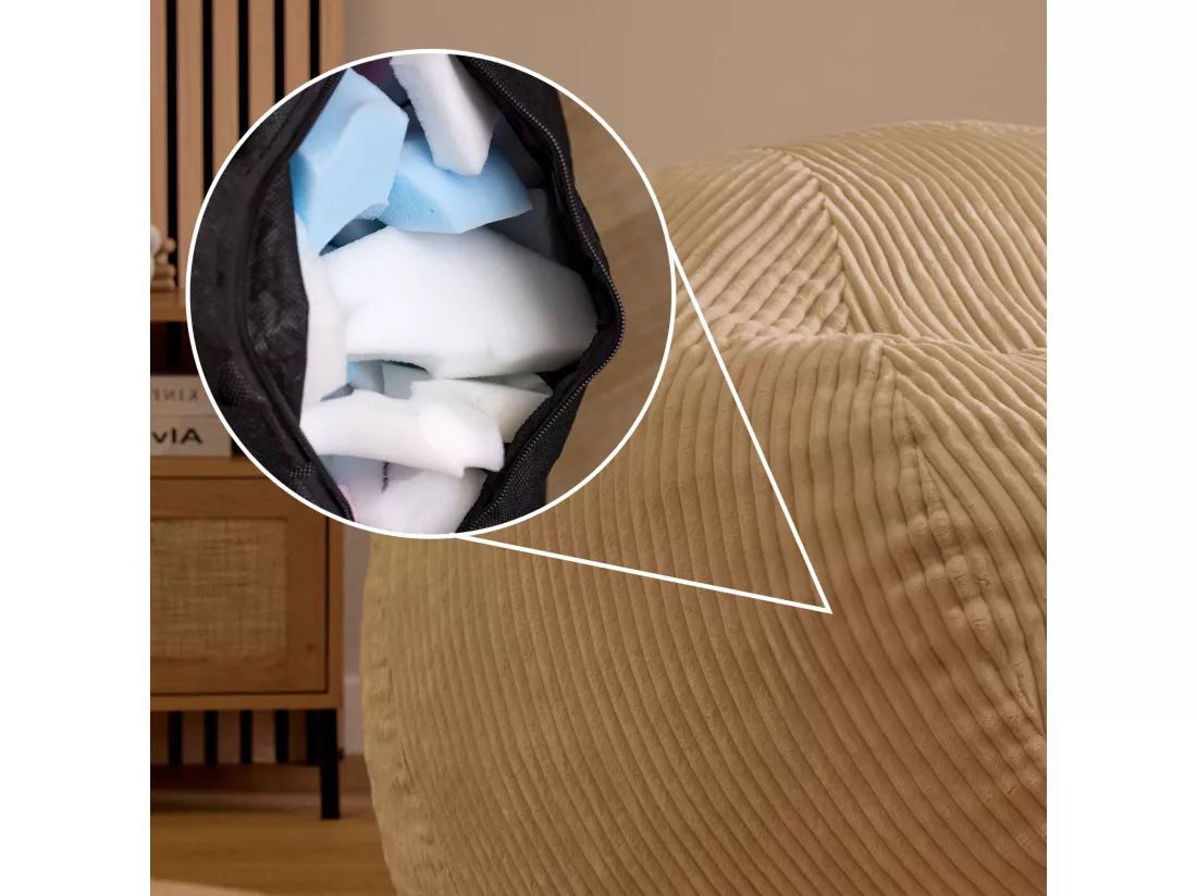 Pouf fauteuil géant en mousse expansible et velours côtelé beige - NIMBUS