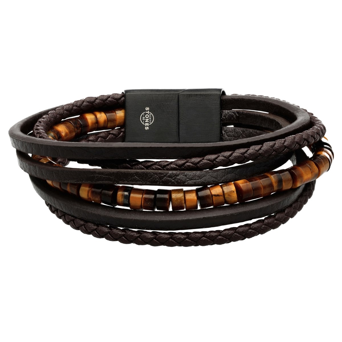 Bracelet Cuir Marron Lisse Et Tressé Avec Perle De Heishi Tigre-XXL-22cm
