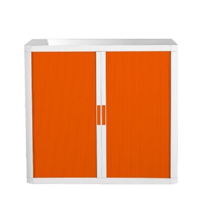 Armoire basse à rideaux EASY OFFICE - 110 x 104 x 41,5 cm - Corps blanc - Rideaux et poignée orange