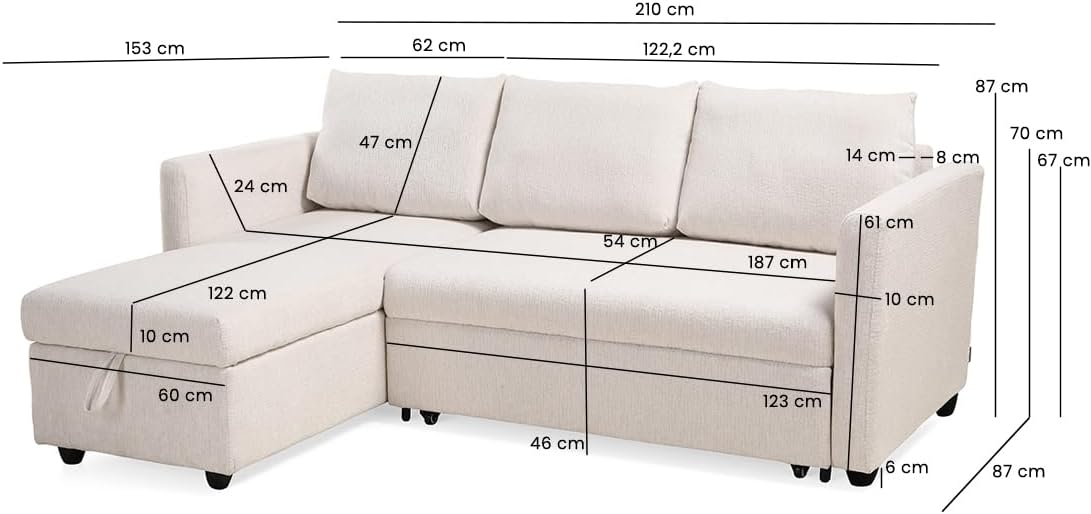 Meubletmoi Wilson Ecksofa, links, wendbar, 3-Sitzer, Länge: 210 cm, aus weichem Stoff, beige, ausziehbar, mit Kissen und integriertem Truhe, moderner Komfort und Originalität
