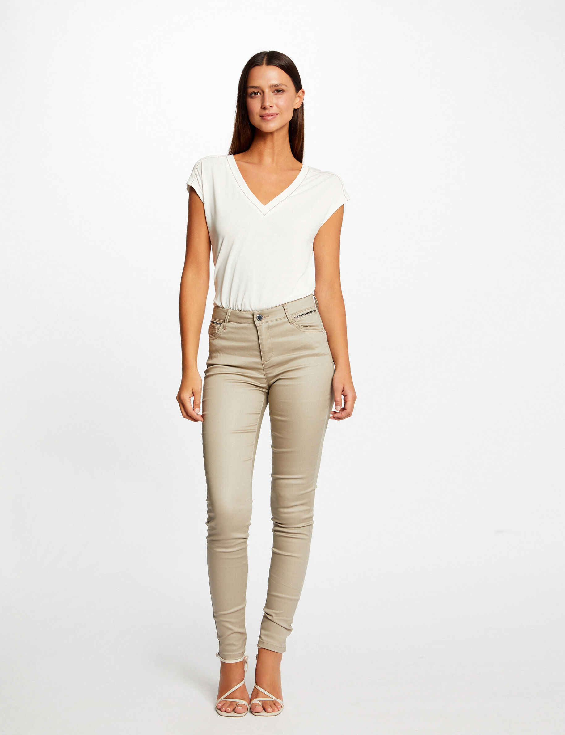 Pantalon skinny enduit à détails bijoux beige clair femme - beige_clair