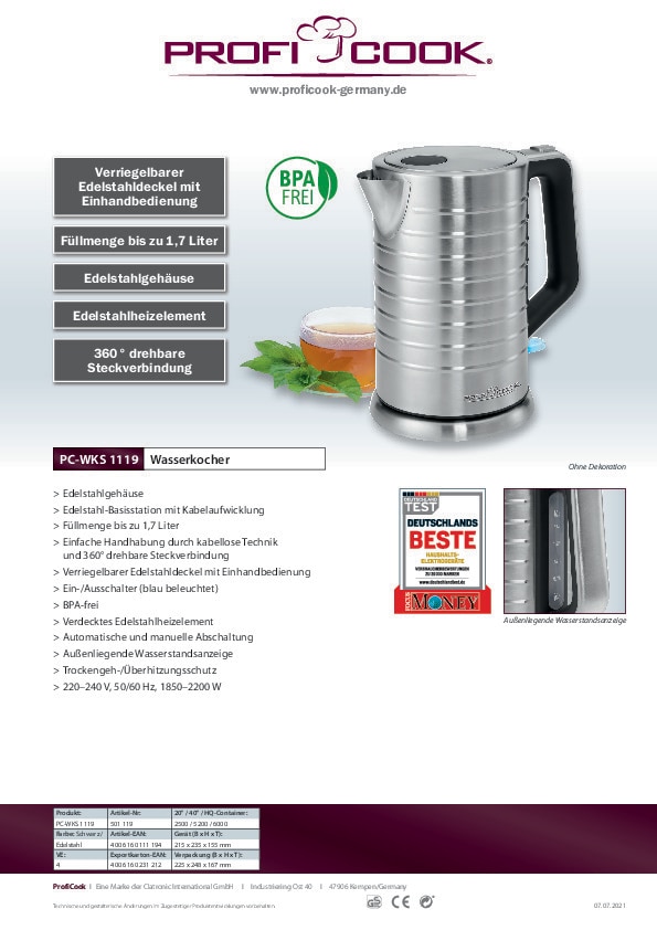ProfiCook Wasserkocher PC-WKS 1119 1,7 Liter Edelstahl