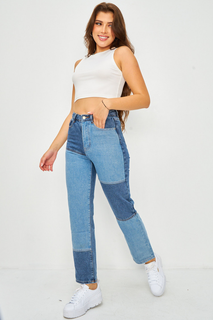 Jean Straight bleu patchwork