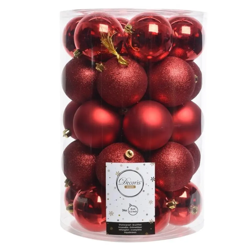 Decoris kerstballen - 34x st - rood - 8 cm - kunststof