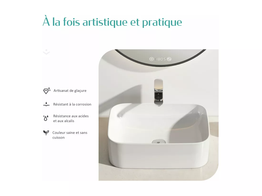 EMKE Vasque à poser céramique 70,5×38×15cm, Lavabo salle de bain rectangulaire, Lavabo en céramique blanc brillant