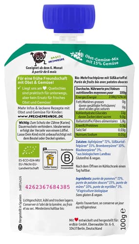 Freche Freunde Bio Quetschie Apfel, Brombeere, Blaubeere mit Süßkartoffel