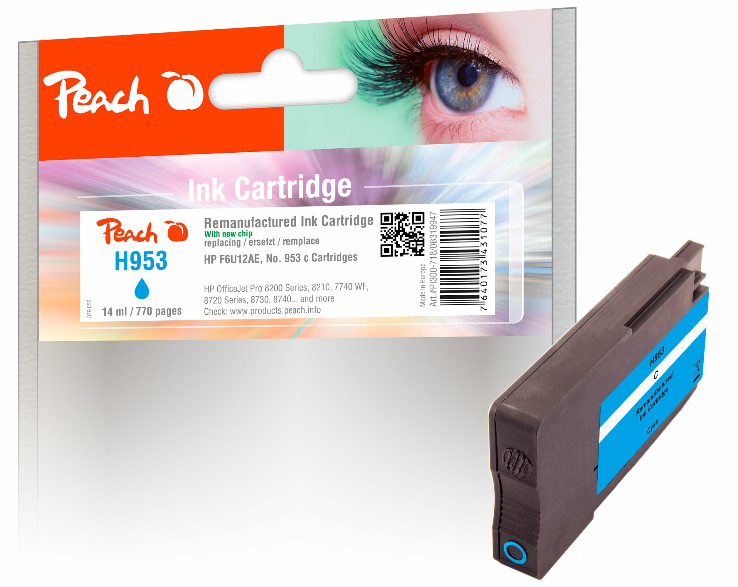 Peach HP 953 c Druckerpatrone cy ersetzt HP No. 953 c, F6U12AE für z.B. HP OfficeJet Pro 7740 WF, HP OfficeJet Pro 8710, HP OfficeJet Pro 8715 (wiederaufbereitet)