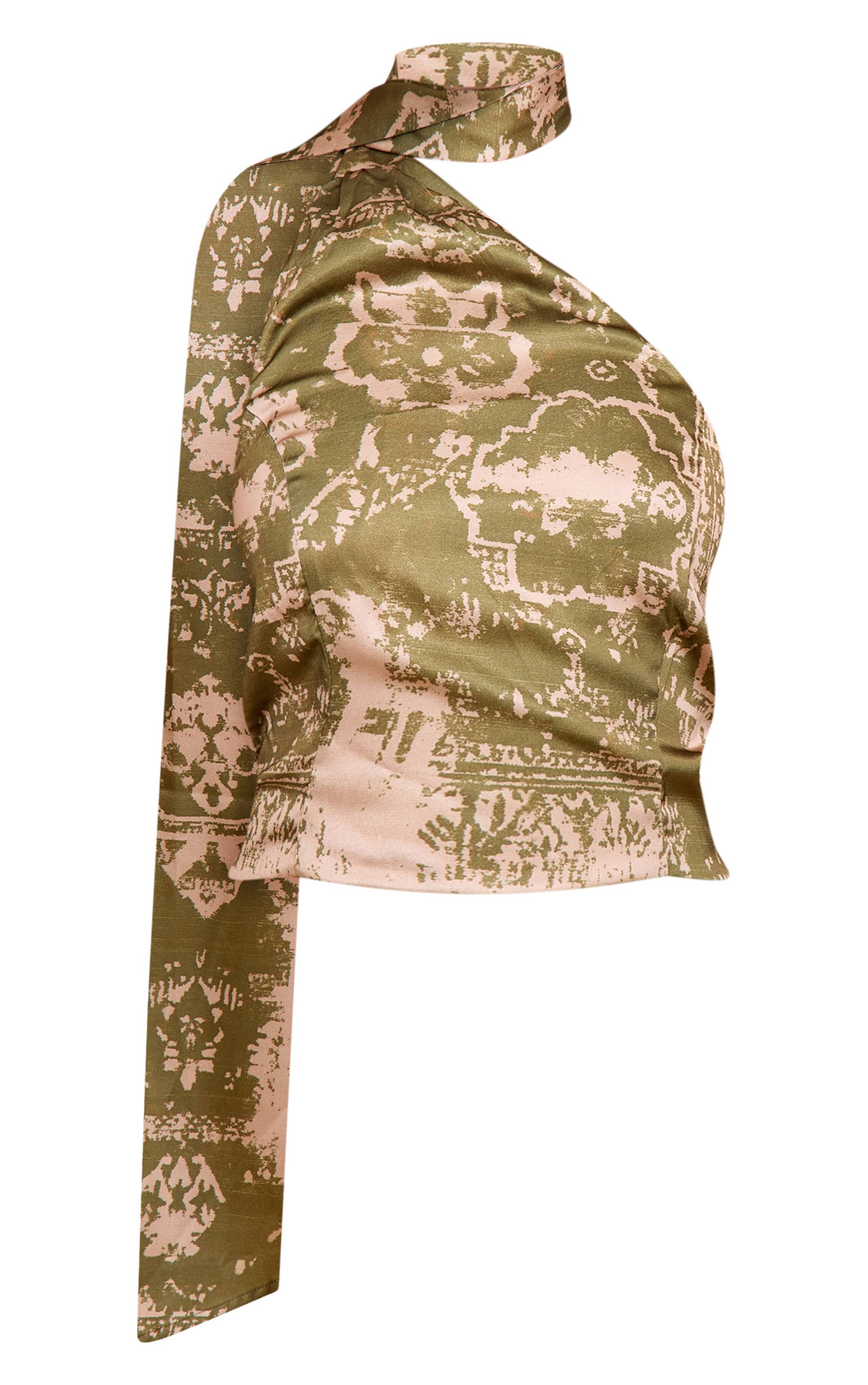 Kaki Haut Court Coordonné À Détail Foulard En Satin Imprimé