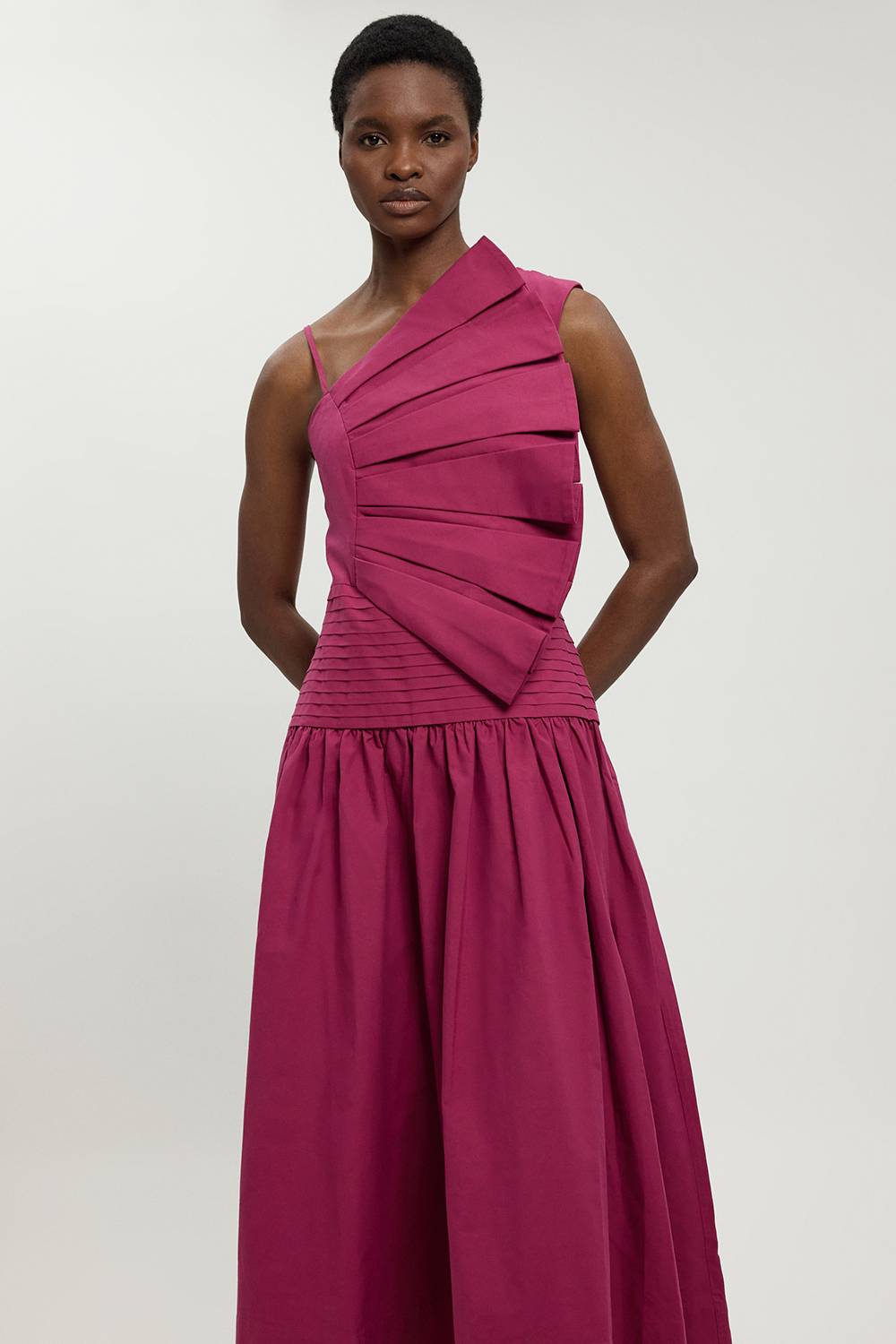 KarenMillen Robe Midi Tissée En Popeline De Coton Avec Détail De Plis 3D