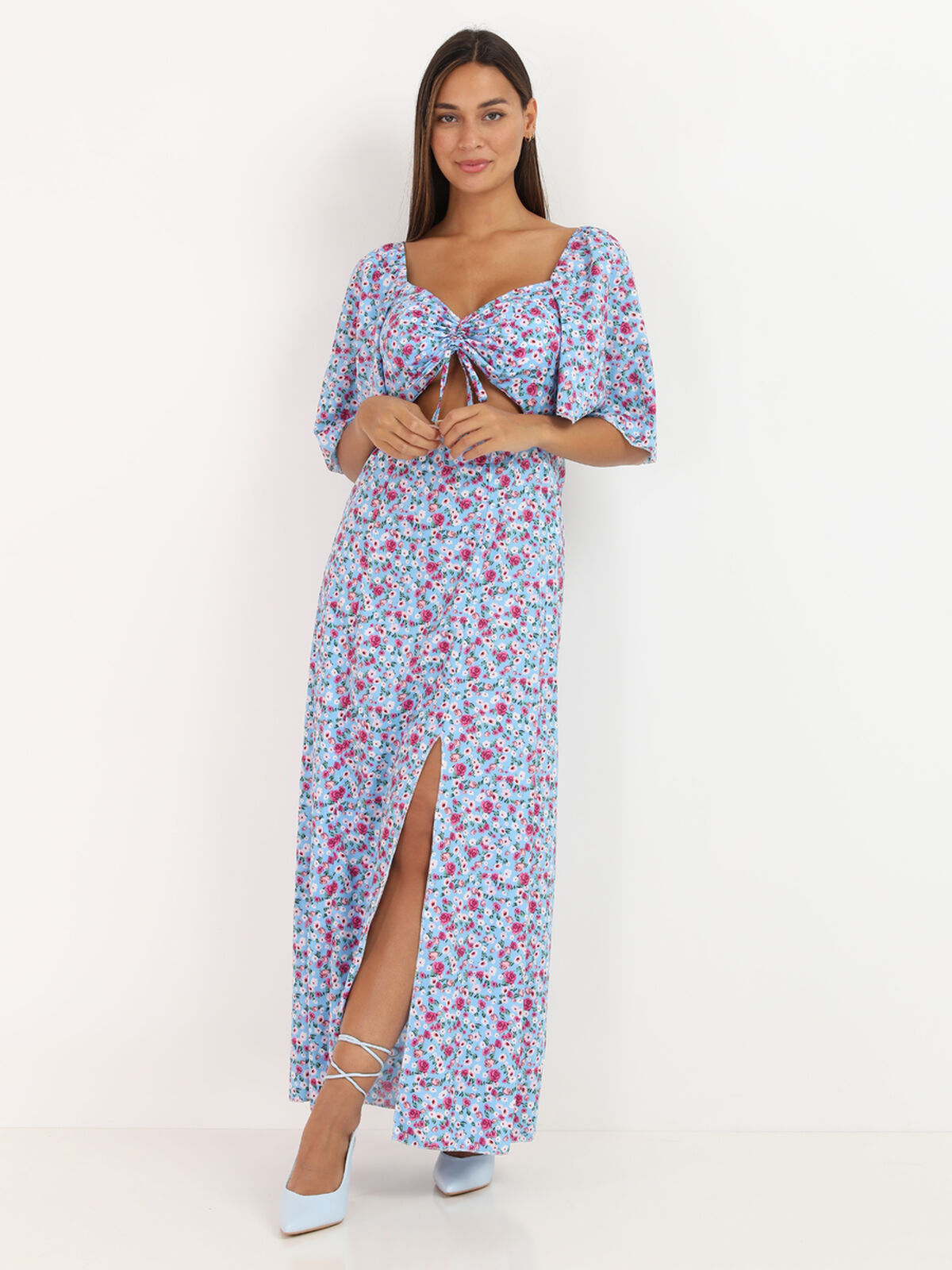 Robe ajourée à imprimé fleuri- Bleu clair