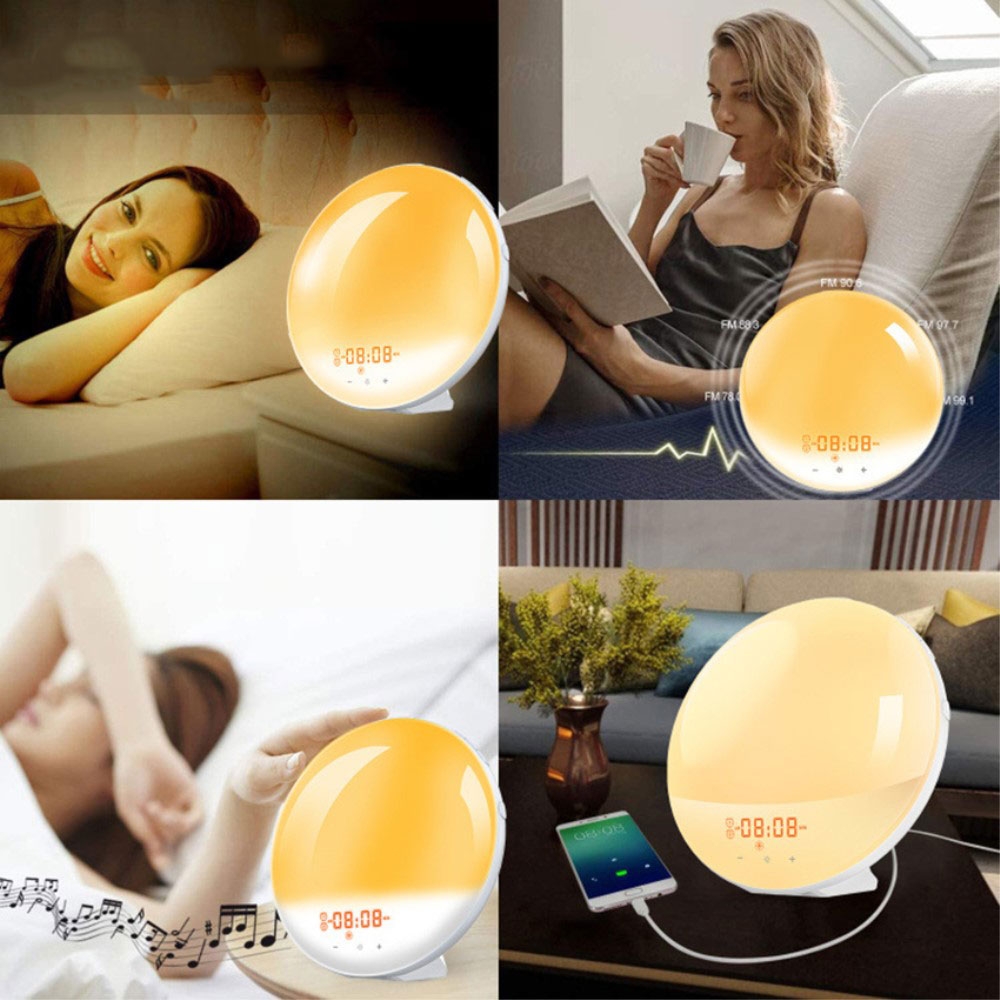 Smart Sunrise Wake Up Licht USB Wecker Sunset Nachtlicht FM Radio Tischuhr Touch Control - Weiss