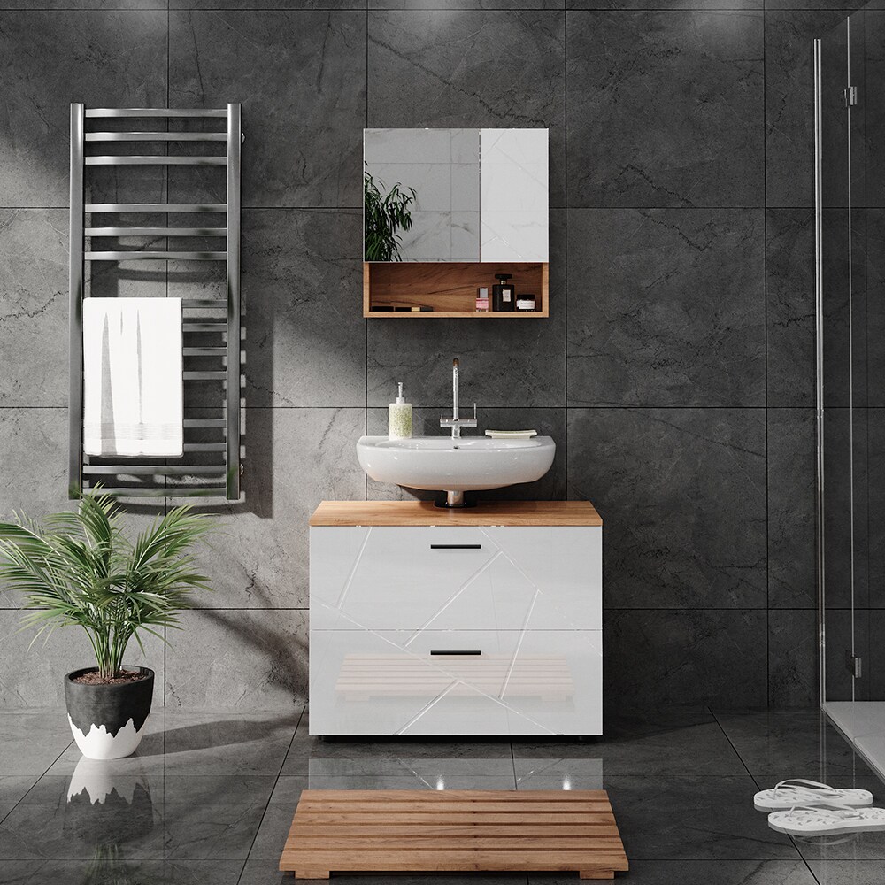 Vicco Waschtischunterschrank Waschbeckenunterschrank Irma Eiche Weiß Hochglanz modern 80x59 cm Badezimmer Schrank Badschrank Badkommode Badmöbel 2 Schubladen