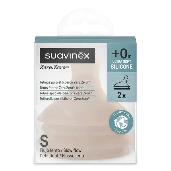 Suavinex, Zerø.Zerø, 2 Tétines pour biberon anti-colique Débit Lent / S Medium