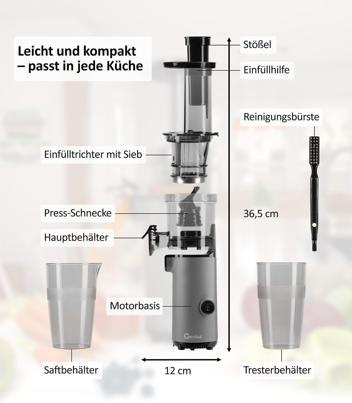 Genius Slow Juicer Mini Saftpresse für Gemüse und Obst, 9-teilig, Kaltpresse, 130 W, leise, einfaches Design, leichte Fruchtpresse, elektrisch, einfache Reinigung mit Bürste
