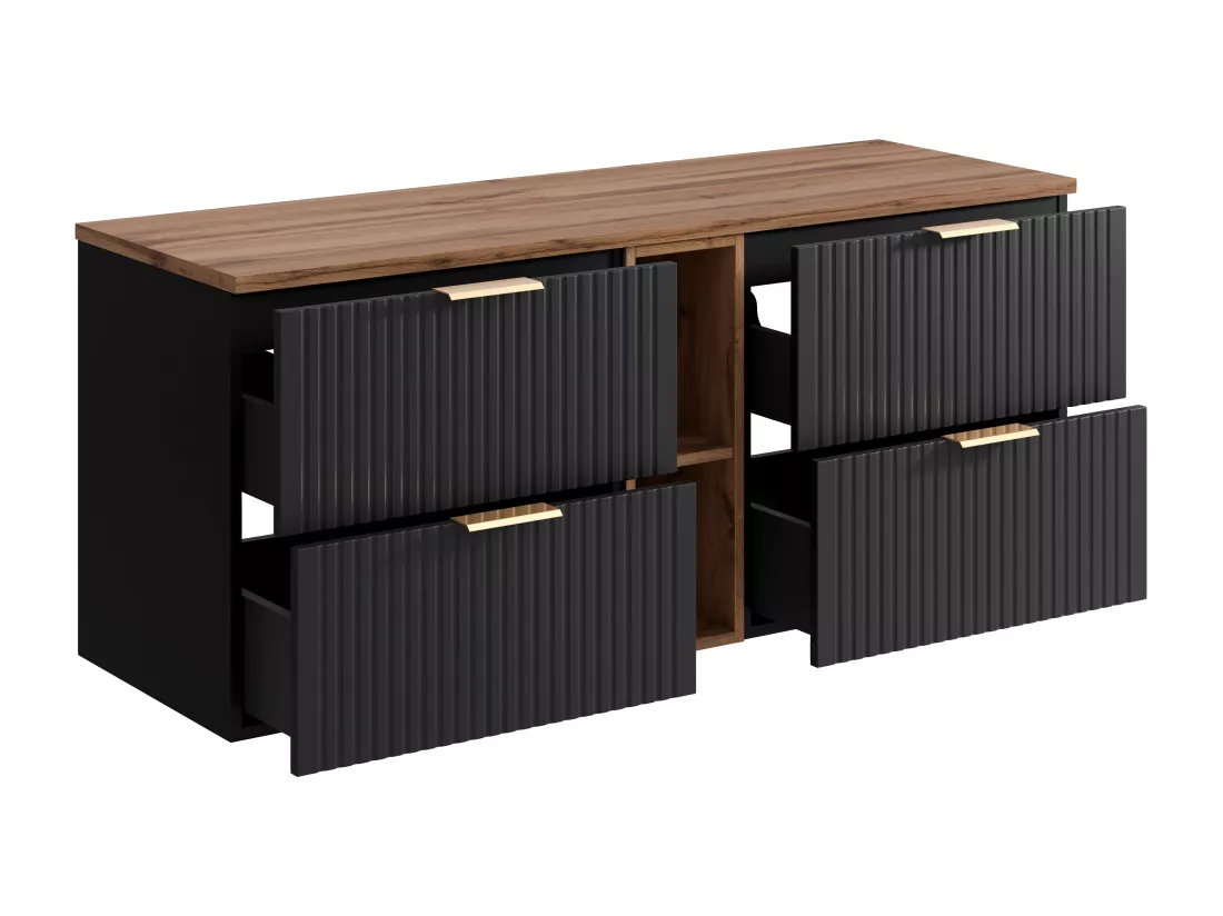 Meuble sous vasque suspendu strié avec niches - Noir et naturel clair - L140 cm - ZEVARA
