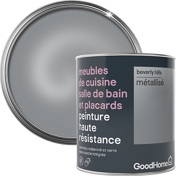 Peinture haute résistance meubles de cuisine salle de bain et placards GoodHome argent Beverly Hills mat 0,75L