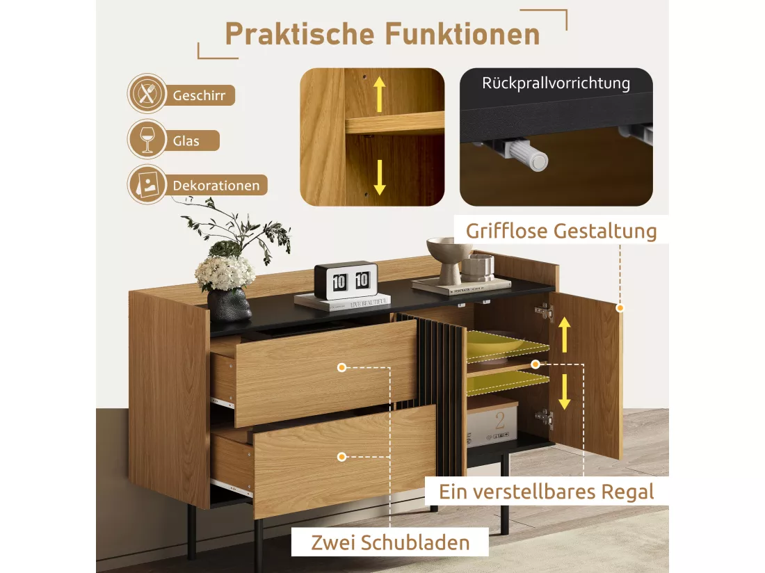 Buffet bas avec 2 tiroirs et 2 portes - 130 x 40 x 80.5 cm - étagère réglable - Bois MDF - Naturel + noir