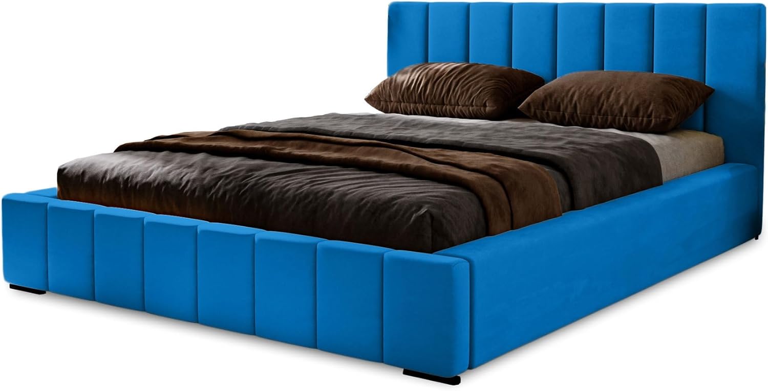 MARPUR Polsterbett Nero 200x200 cm, Bett mit Kopfteil, Doppelbett mit Bettkasten und Lattenrost aus Holz, Velourstoff: Blau