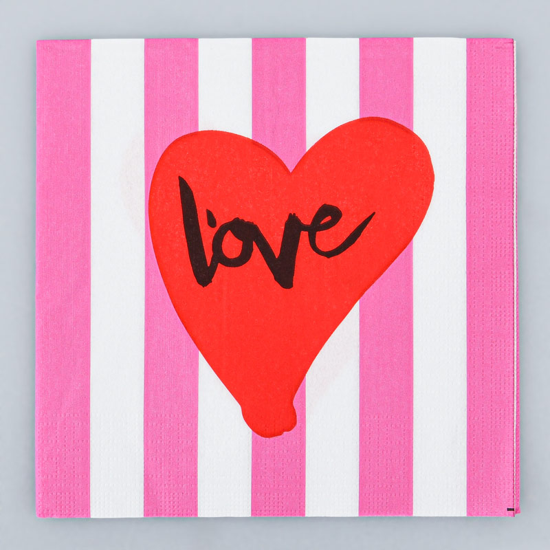 20 serviettes rayées 'Love' rose et rouge