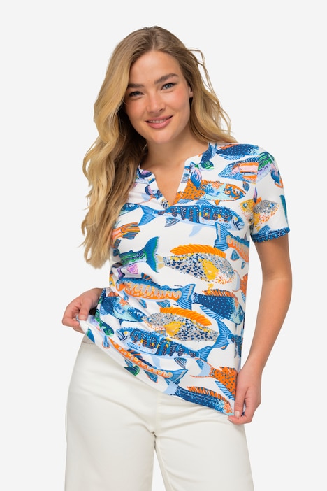 T-Shirt, Fische-Print, Tunika-Ausschnitt, Halbarm, OEKO-TEX