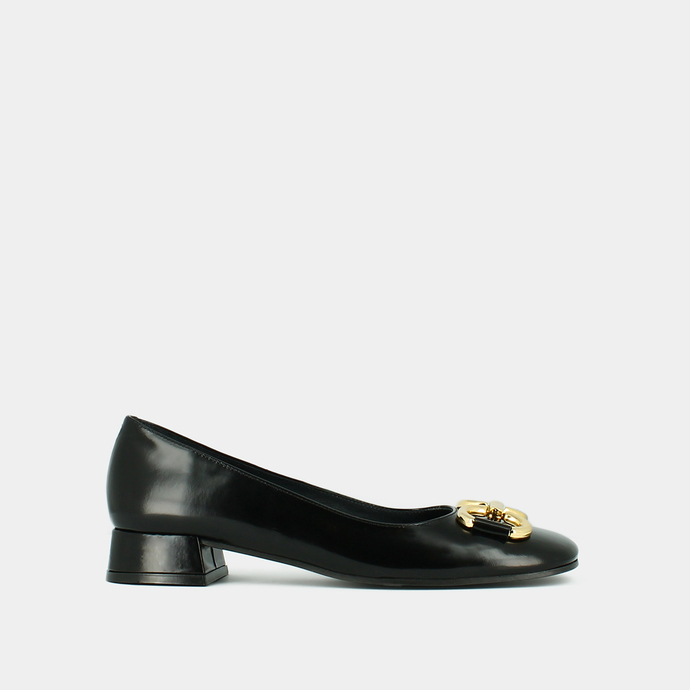 Ballerines à talons plats et mords  en cuir glacé noir/or