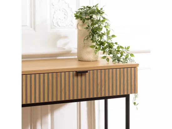 SCOTT - Console 2 tiroirs décor effet bois rainuré noir/naturel
