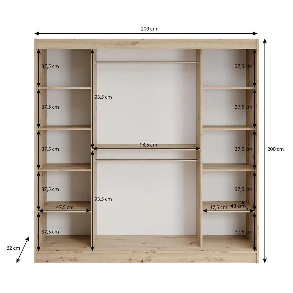 Meubella - Kledingkast Lisbon 2 - Zwart - 200 cm - Met spiegel