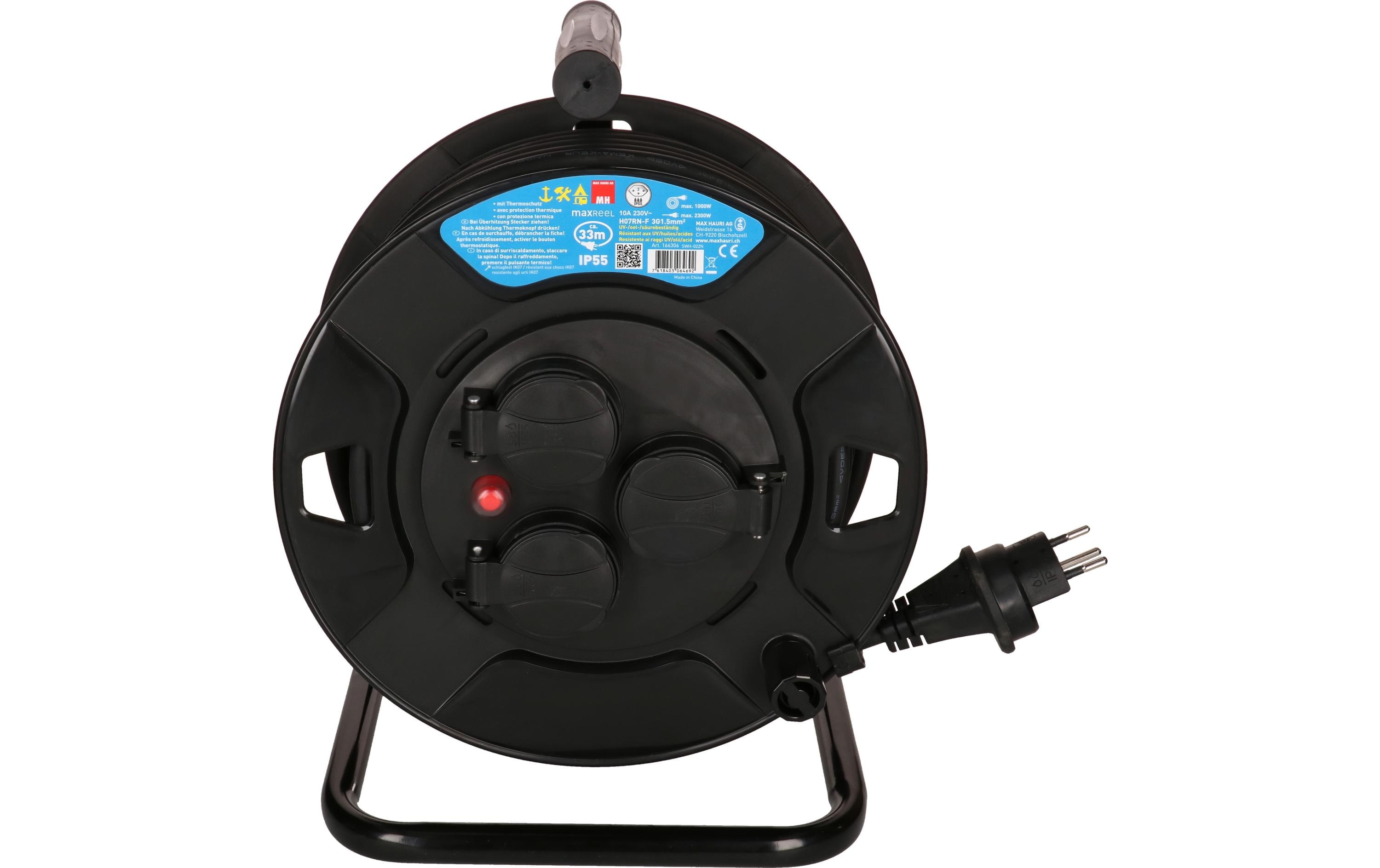 Kabelrolle maxREEL 33 m, 3x T13, IP55, Schwarz<br>33 m Kabeltrommel mit Metallrahmen für den Aussenbereich