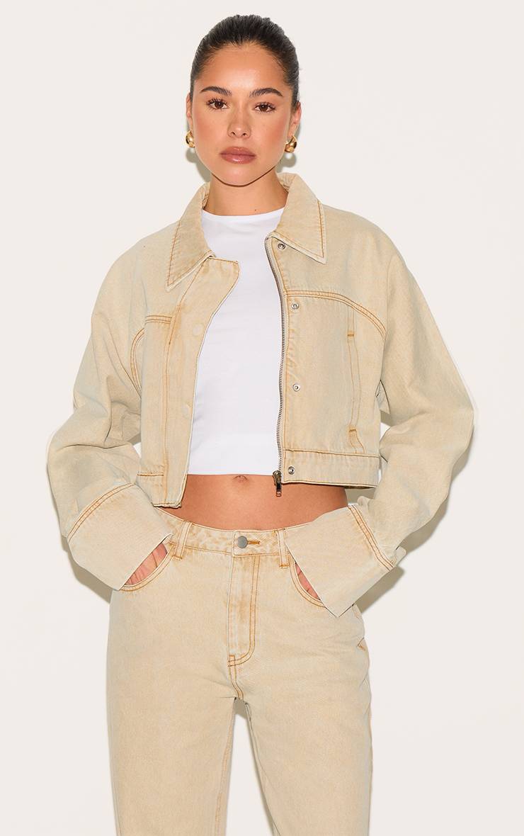 Washed Stone Veste Courte En Denim À Revers Profonds Et Boutons Dissimulés
