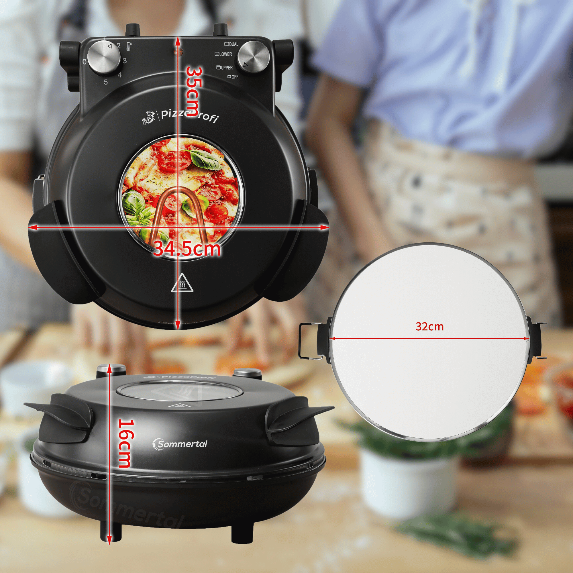 Sommertal PizzaProfi Pizzaofen, 32cm Pizzastein, schnelle 3-Minuten Pizza, 5-teiliges Set mit Pfanneneinsatz, 2x Pizzaschieber, Pizzaschneider, Steinplatte, Sichtfenster, max. 400°C