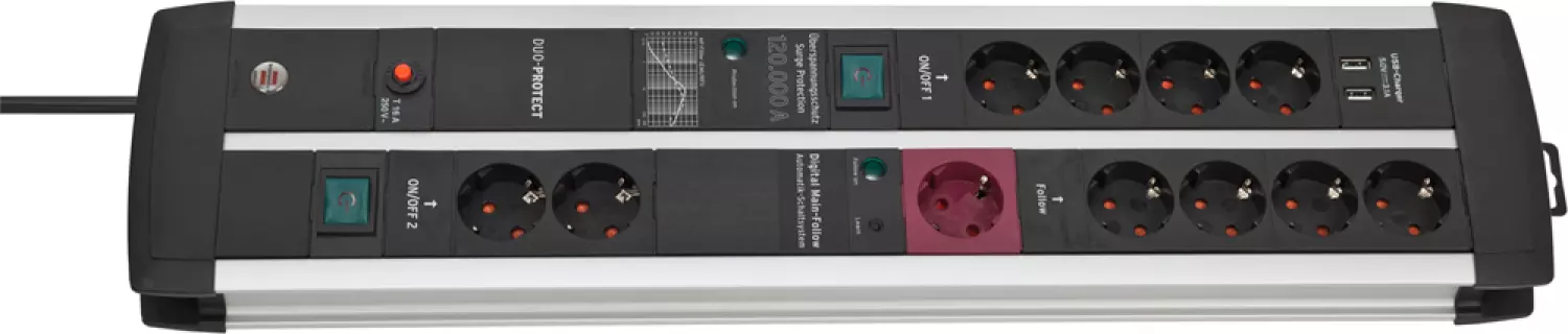 Brennenstuhl 1392000230 Premium-Protect-Line 120.000A stekkerdoos met USB 11-voudig - 3m - H05VV-F 3G1,5