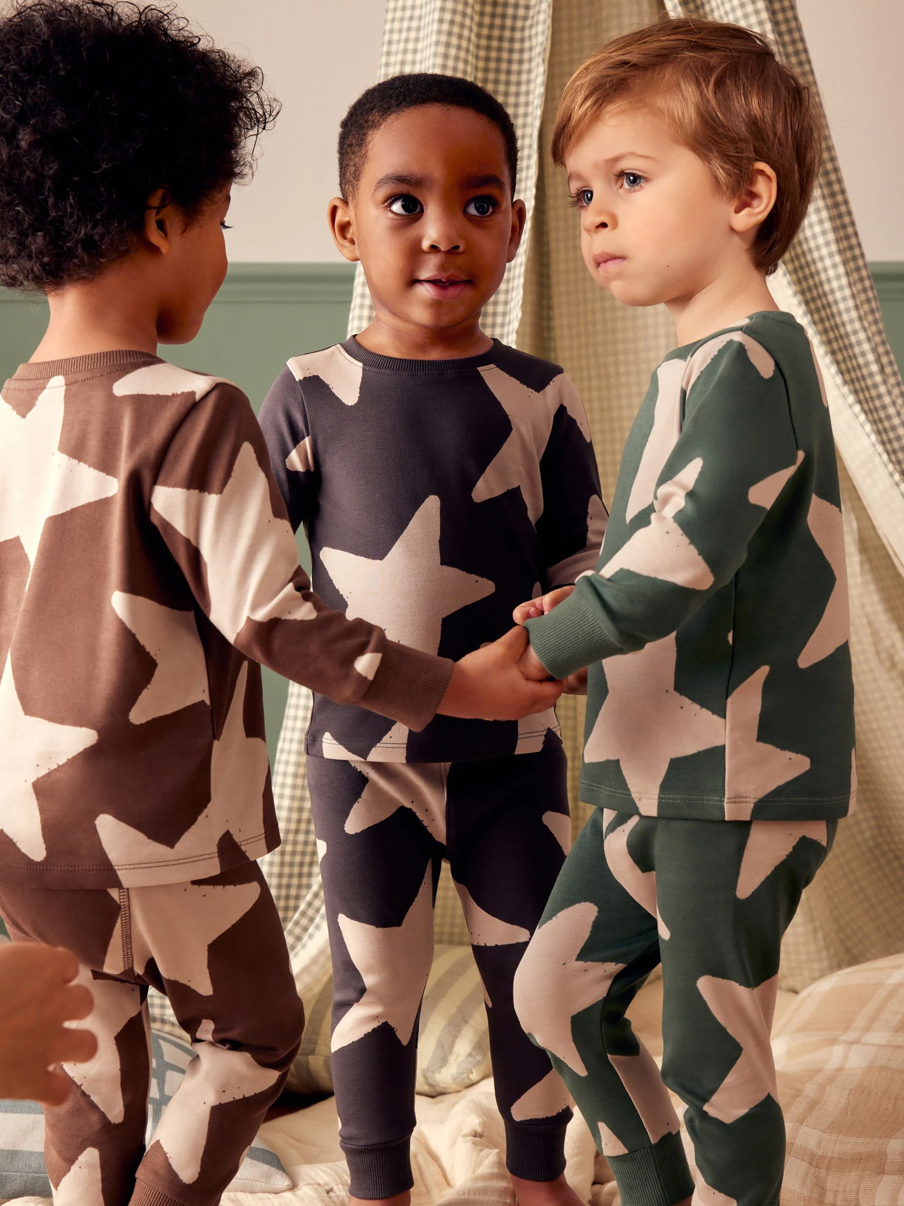 Groen/ecru/bruin met sterren - Verpakking van 3 knusse pyjama's (9 mnd-10 jr)