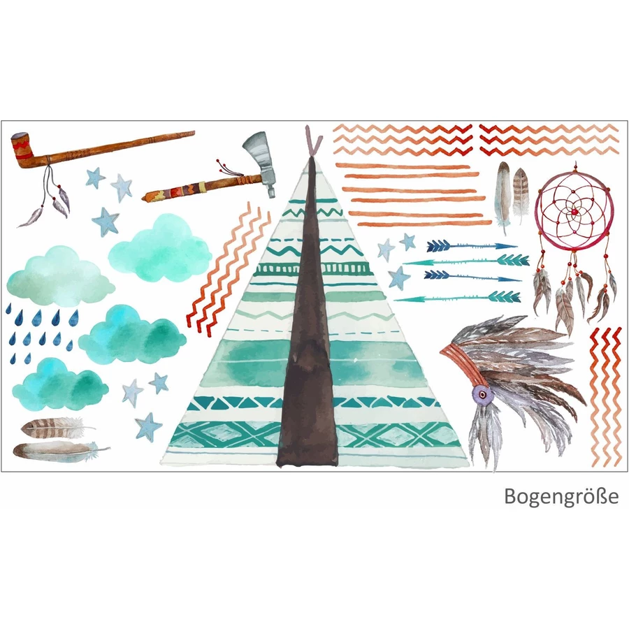 Nikima Wandtattoo 002 Wandtattoo Tipi Indianer Traumfänger Federn Beil Wolken Regen blau