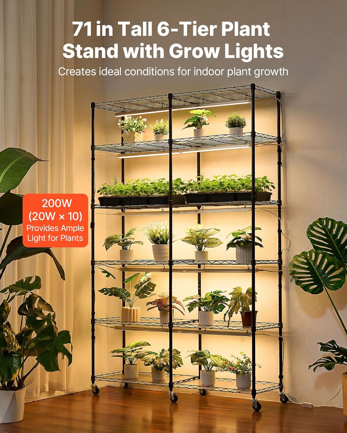 VEVOR Pflanzenregal mit Wachstumslicht, 6-stufiger doppelreihiger Pflanzenständer für Zimmerpflanzen mit Rädern & Timer, 200-W-Vollspektrum-Lichter, Blumenregal für Samenanzucht, 120x35x180cm