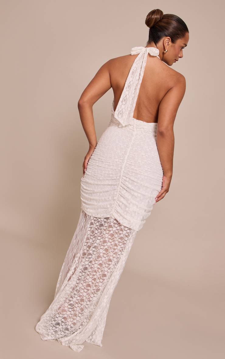 Blanc Robe Maxi Shape En Dentelle Froncée À Col Montant Et Ourlet Asymétrique