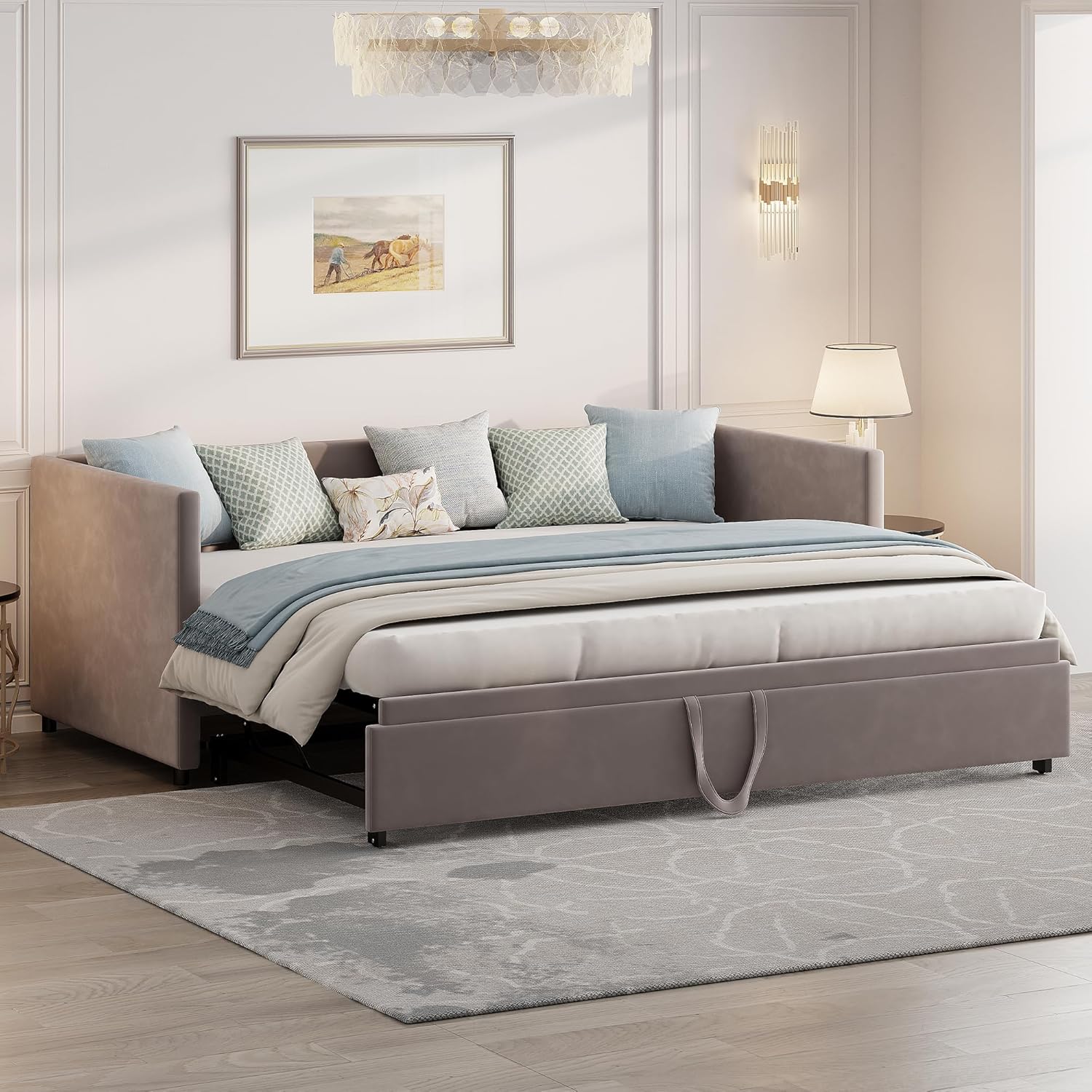 Schlafsofa Cabrio 90/180x200 cm, modernes 2-in-1-Schlafsofa mit ausziehbarem Doppelbett, platzsparendes Design mit weicher Samtpolsterung (Grau-A, 90/180 x 200 cm)
