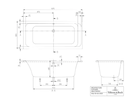 Baignoire droite 170 X 80 VILLEROY ET BOCH Architectura acrylique