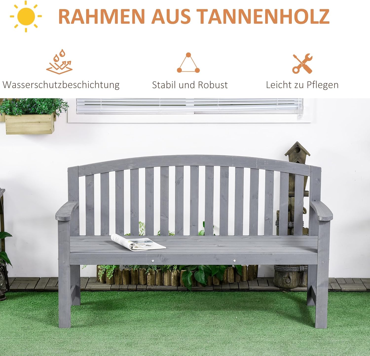 Outsunny 2-Sitzer Gartenbank Holz, wetterfest Sitzbank, Gartenmöbel mit Rückenlehnen, Parkbank 240 kg belastbar, Balkonbank, Holzbank für Balkon Terrasse, Garten, 143 x 51 x 85 cm, Grau