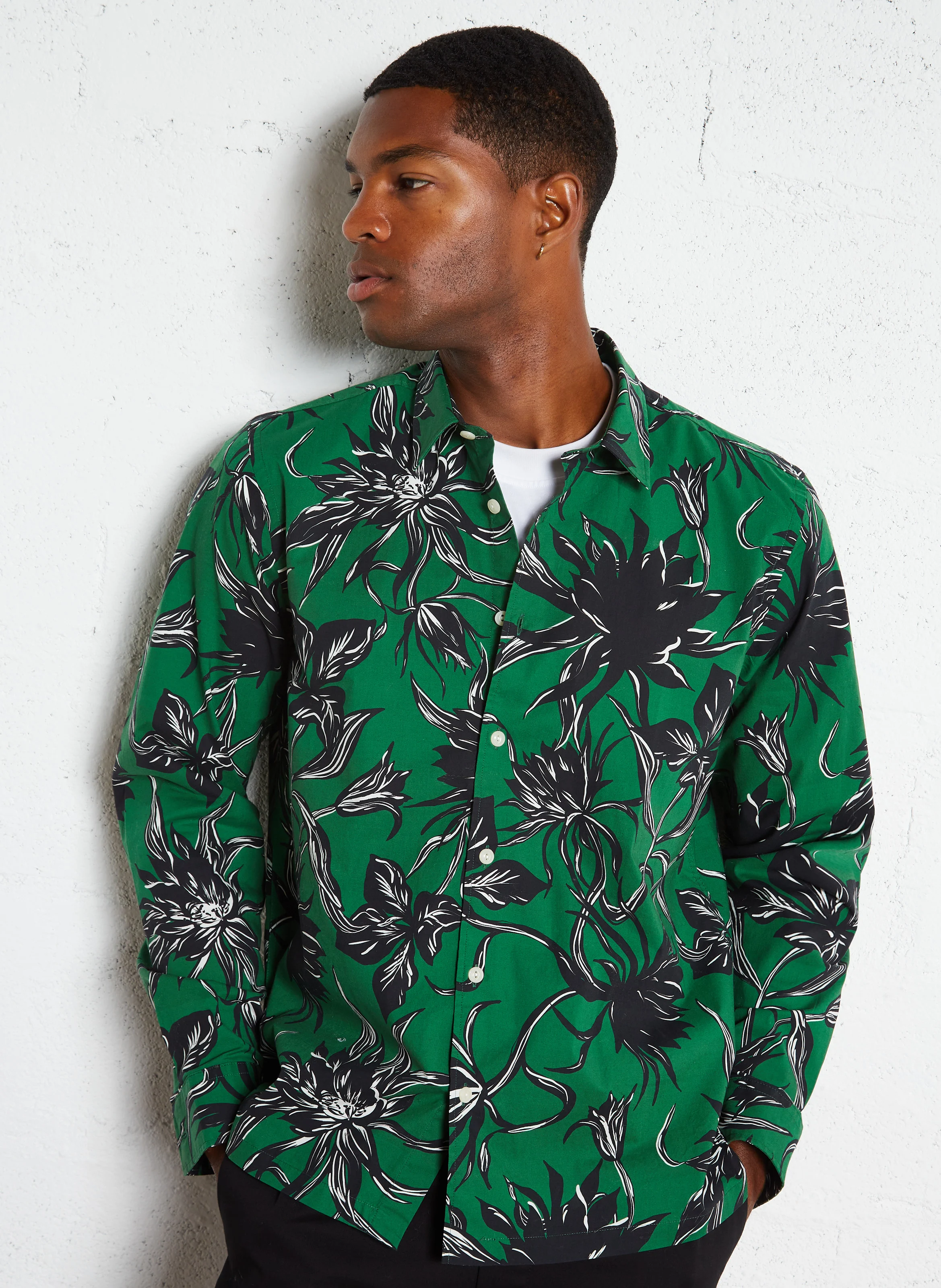 FLOWERS - Chemise col classique à imprimé floral en coton mélangé | Vert