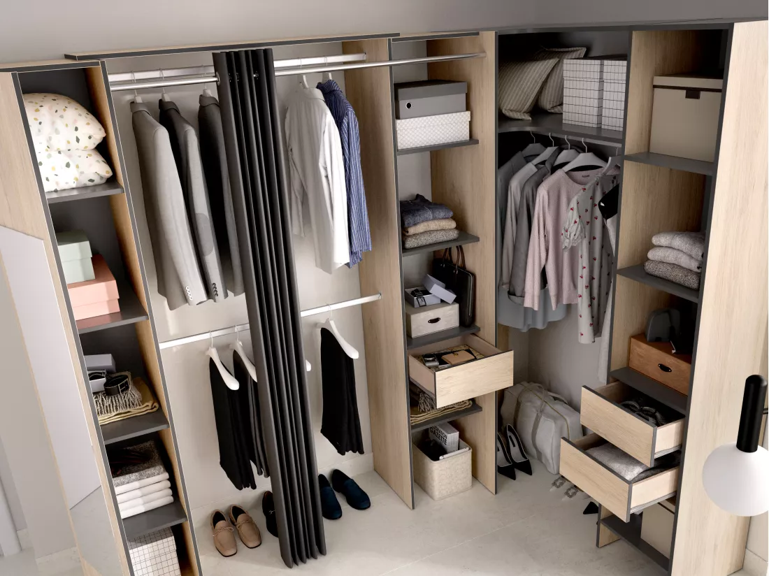 Dressing d'angle avec rideau et 1 porte - Avec miroir - L231 cm - Coloris : Naturel et anthracite - BERTRAND