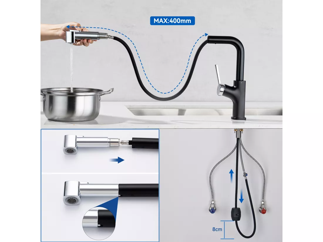 Lonheo Max Robinet de Cuisine Noir avec 40 CM Douchette Extractible Mitigeur Cuisine à 2 Jets Eau Froide/Chaude Mélangeur de Evier Cuisine,EU Modèle