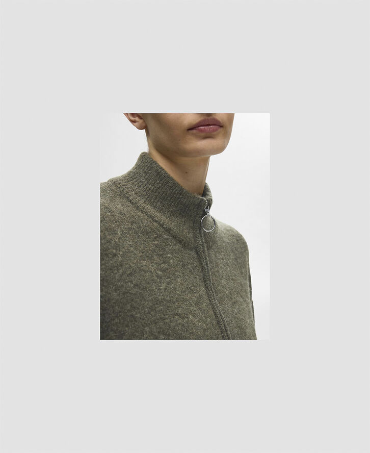 Selected Femme SLFSIA RAS LS WOOL KNIT ZIPPER CARDIGAN Kalamata/melange