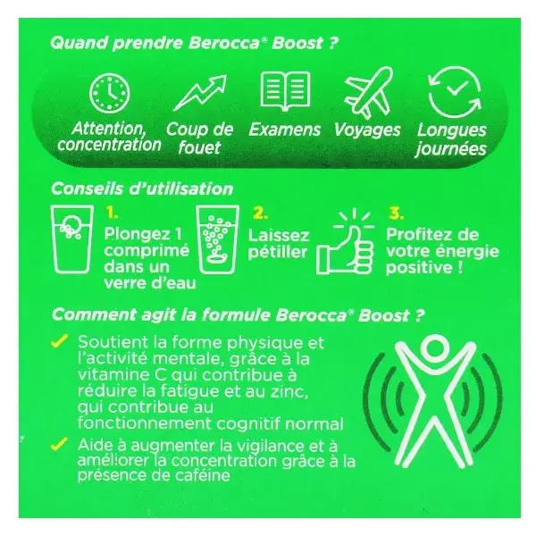 Berocca Boost Magnésium Vitamines Caféine et Guarana 30 comprimés effervescents