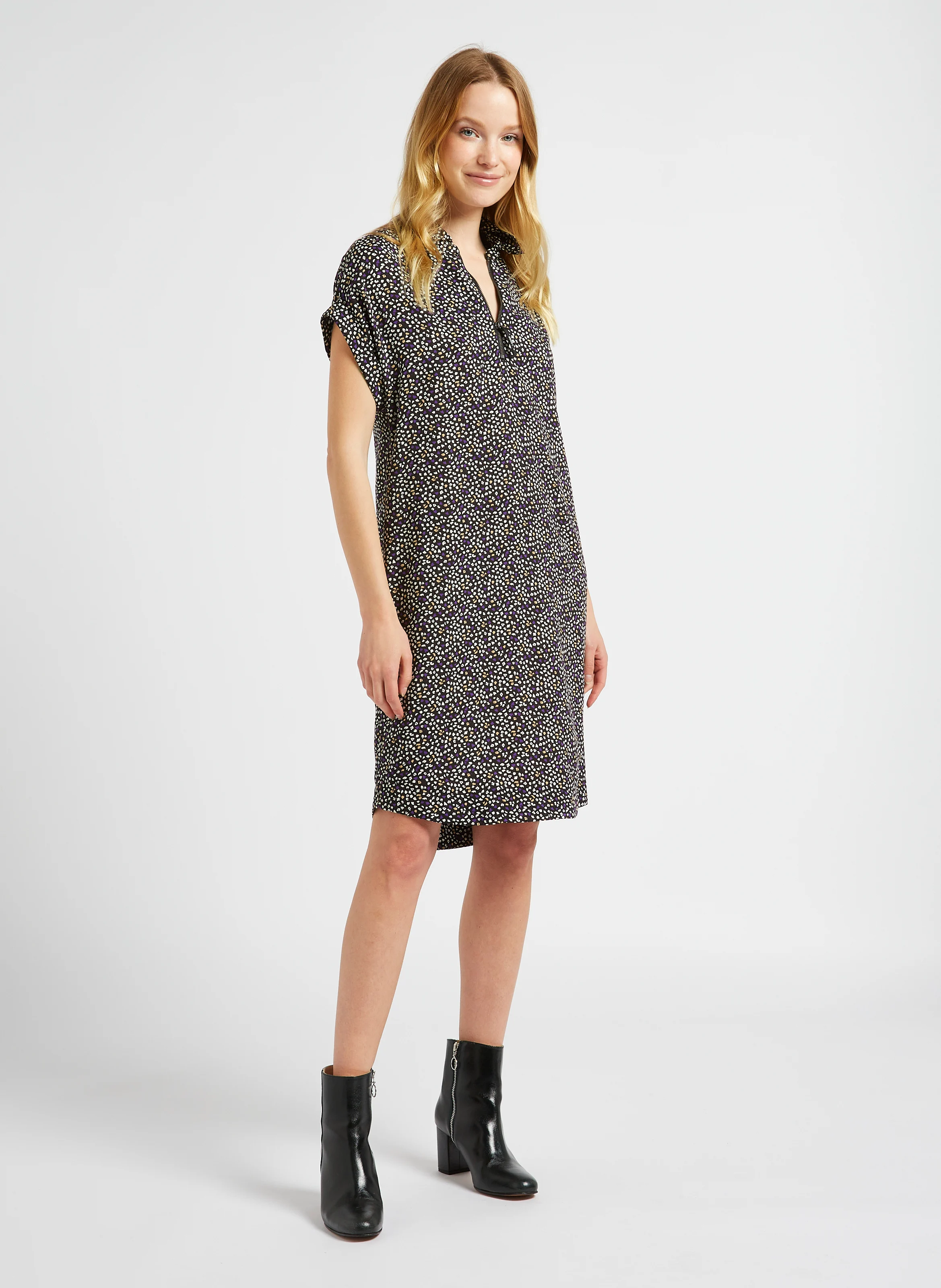 Robe courte ample col classique imprimée | Violet