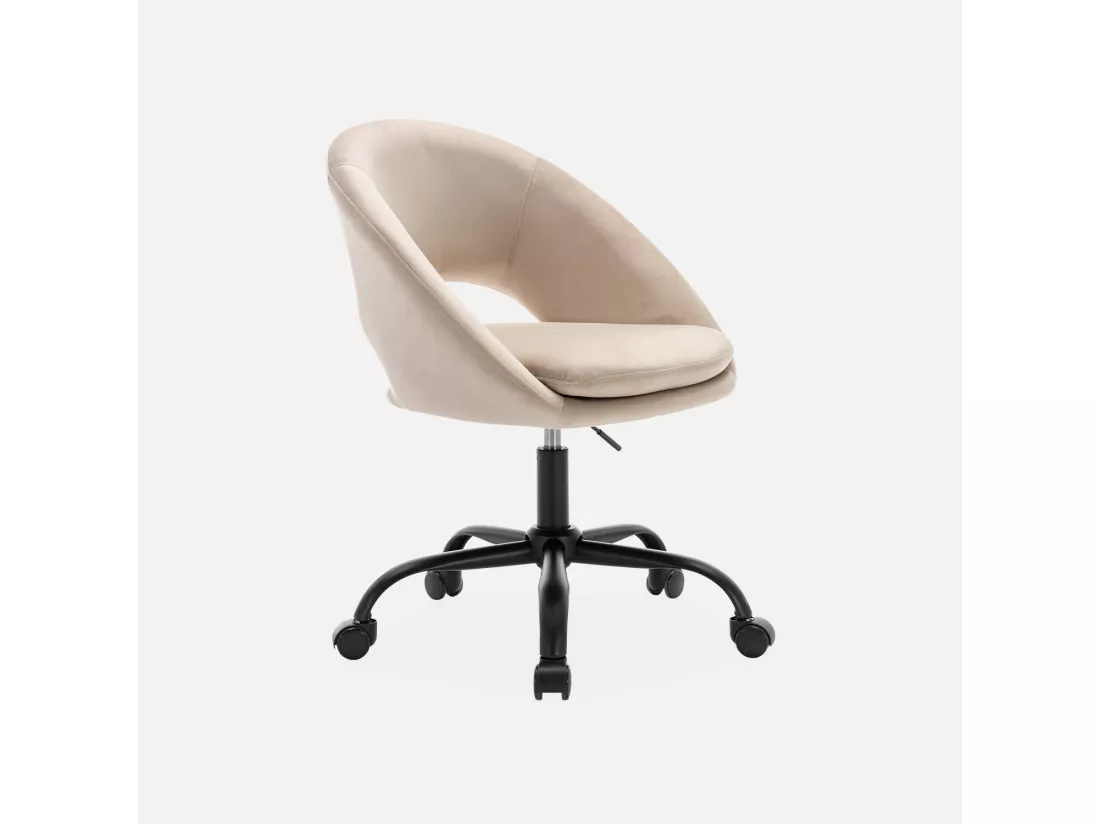 Chaise de bureau ronde à roulettes en velours blanc cassé. Pam. L 59 x P 60 x H 79 / 89cm