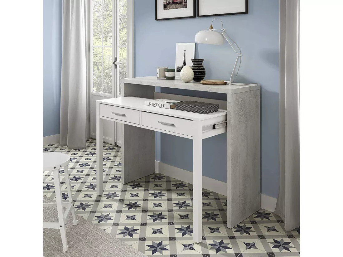 Bureau Damodi, Bureau avec plateau extensible, Bureau PC avec 2 tiroirs, 99x36h88 cm, Ciment et Blanc